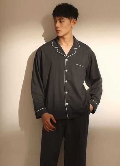 Charcoal Gray Men's PJ Set: 100% Cotton Pyjamas, Minimalist Shirt and Pants for Men, Perfect for Travel, Gift For Him
