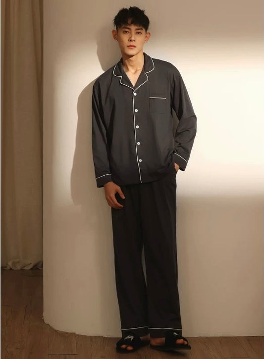 Charcoal Gray Men's PJ Set: 100% Cotton Pyjamas, Minimalist Shirt and Pants for Men, Perfect for Travel, Gift For Him