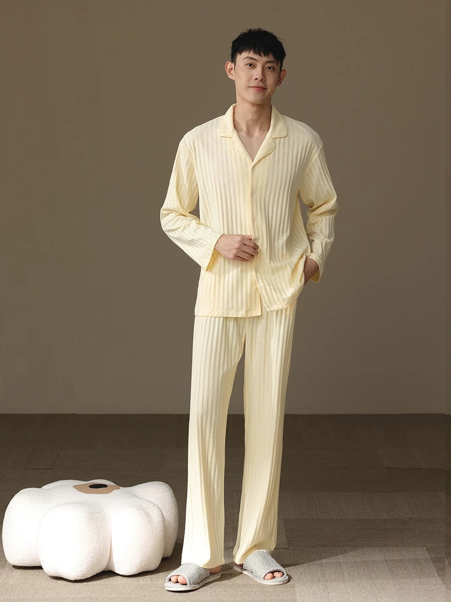Beige Men's Pajama Set: Pure Cotton PJ with Shirt-Style Top, Pocketed Pants, Year-Round Comfort