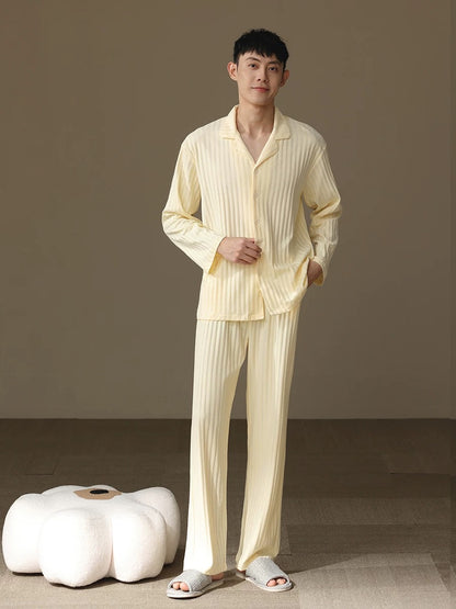 Beige Men's Pajama Set: Pure Cotton PJ with Shirt-Style Top, Pocketed Pants, Year-Round Comfort