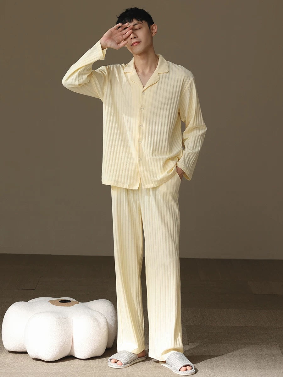Beige Men's Pajama Set: Pure Cotton PJ with Shirt-Style Top, Pocketed Pants, Year-Round Comfort