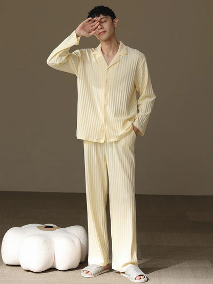 Beige Men's Pajama Set: Pure Cotton PJ with Shirt-Style Top, Pocketed Pants, Year-Round Comfort