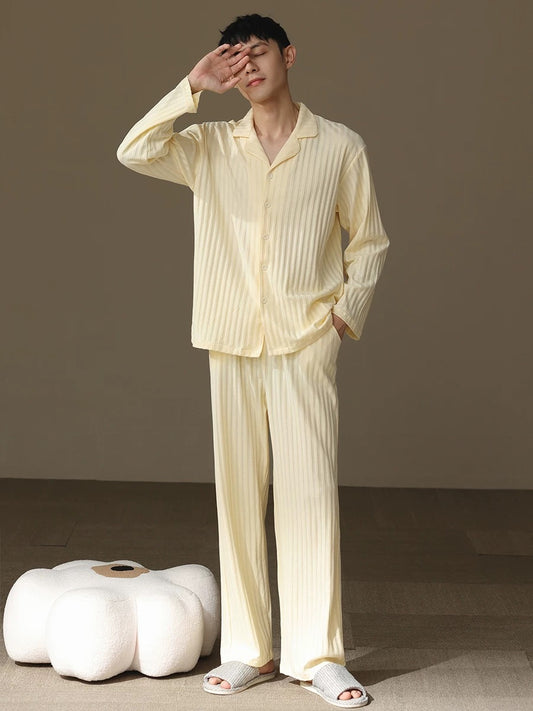 Beige Men's Pajama Set: Pure Cotton PJ with Shirt-Style Top, Pocketed Pants, Year-Round Comfort