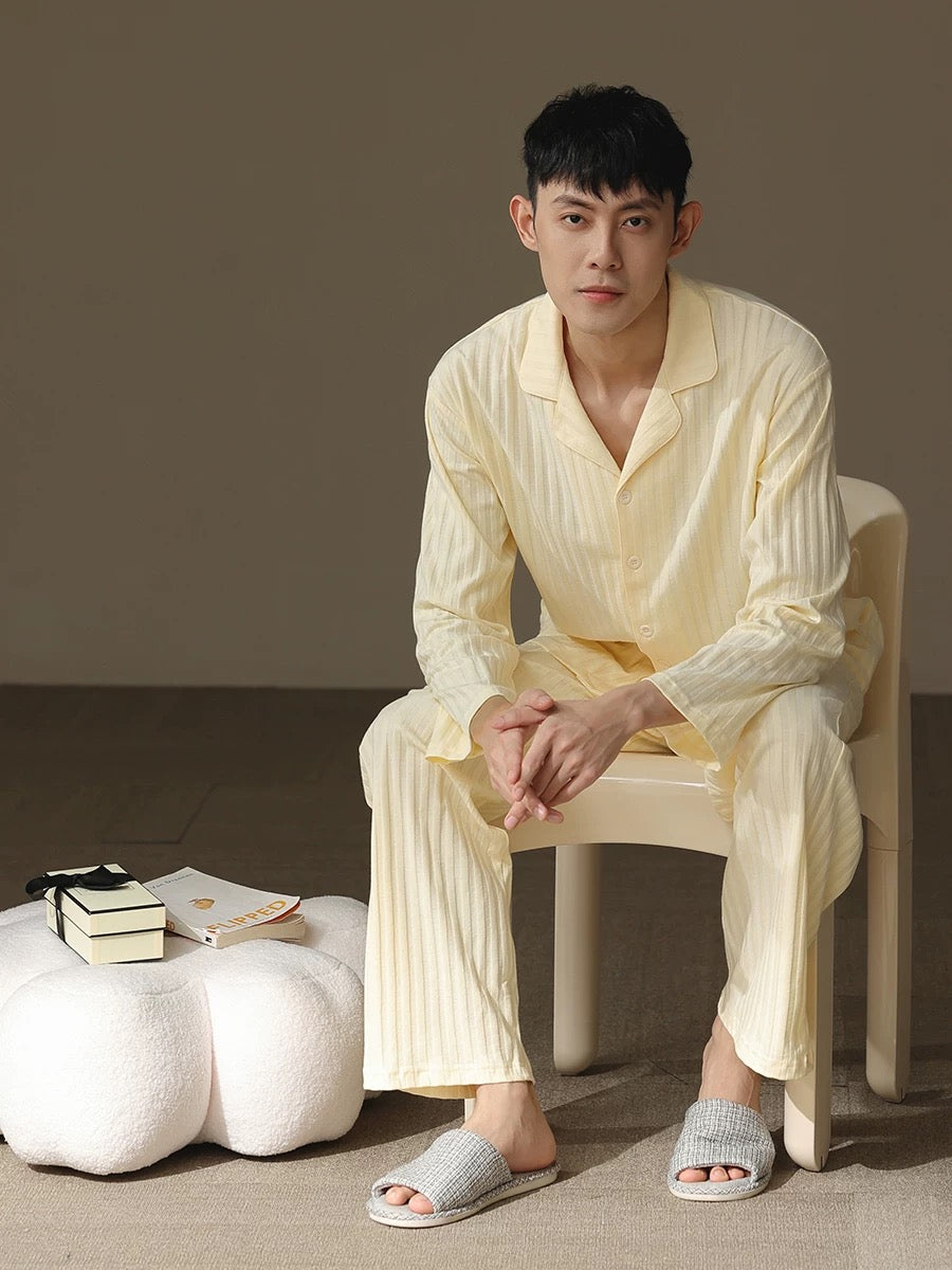 Beige Men's Pajama Set: Pure Cotton PJ with Shirt-Style Top, Pocketed Pants, Year-Round Comfort