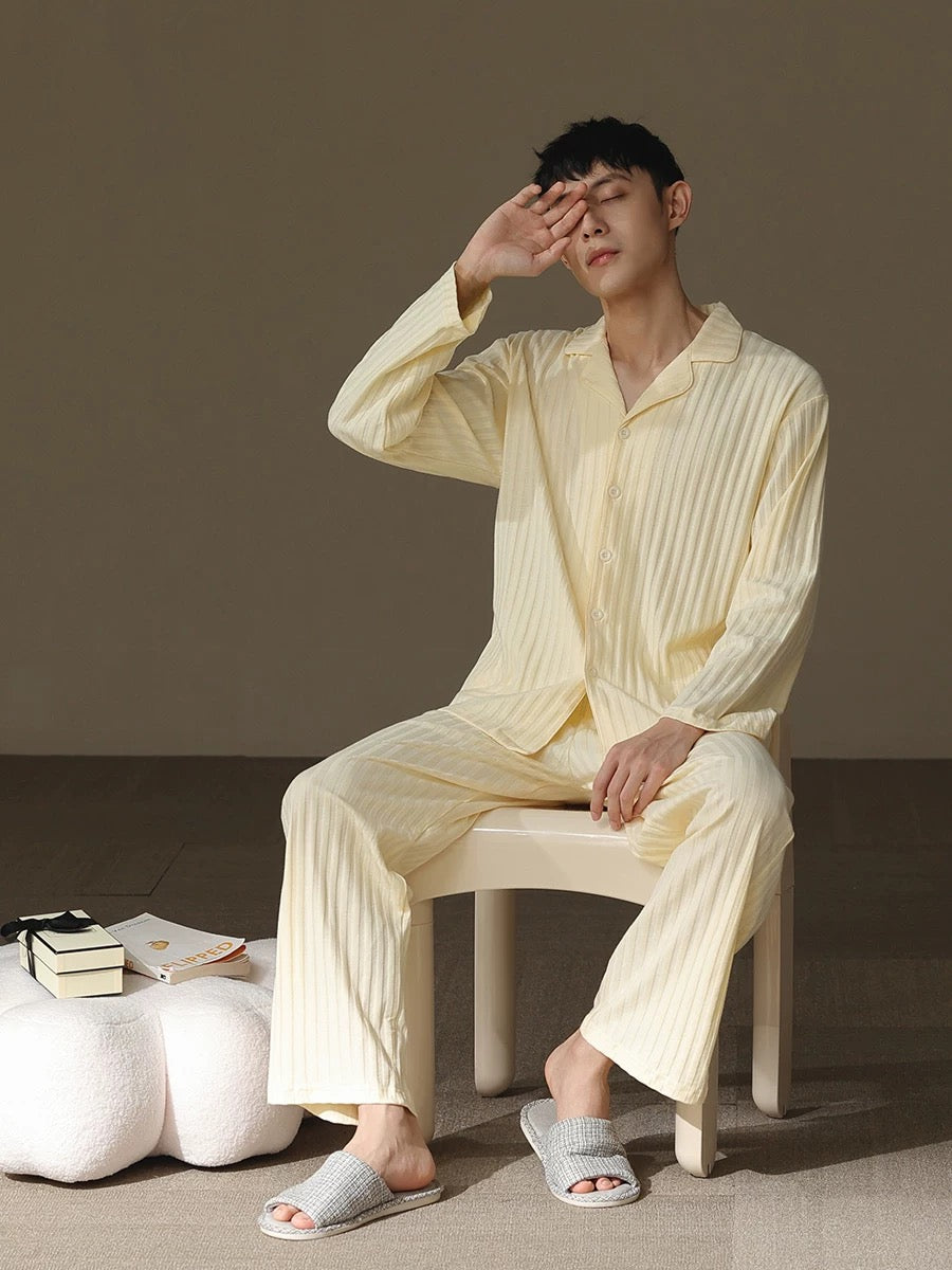 Beige Men's Pajama Set: Pure Cotton PJ with Shirt-Style Top, Pocketed Pants, Year-Round Comfort