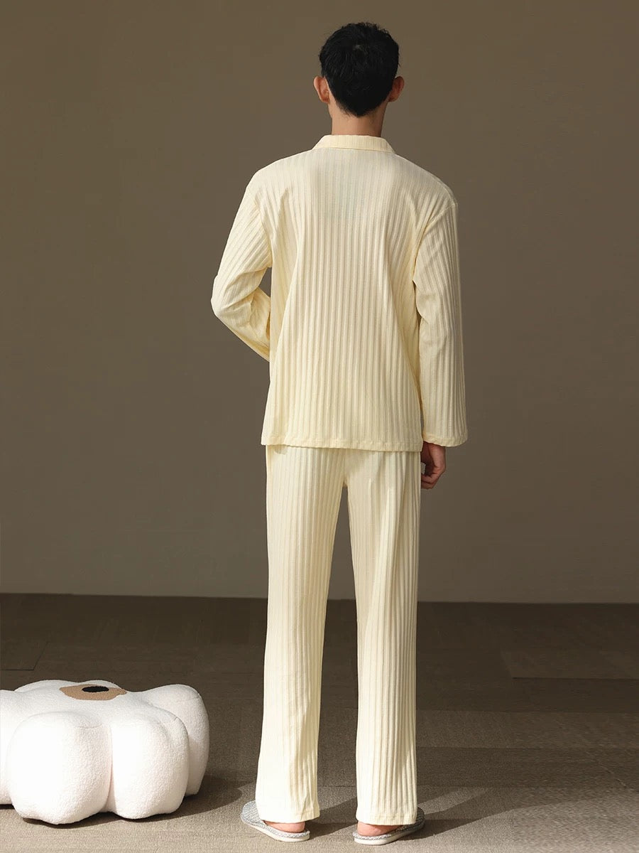 Beige Men's Pajama Set: Pure Cotton PJ with Shirt-Style Top, Pocketed Pants, Year-Round Comfort