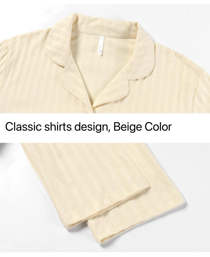 Beige Men's Pajama Set: Pure Cotton PJ with Shirt-Style Top, Pocketed Pants, Year-Round Comfort