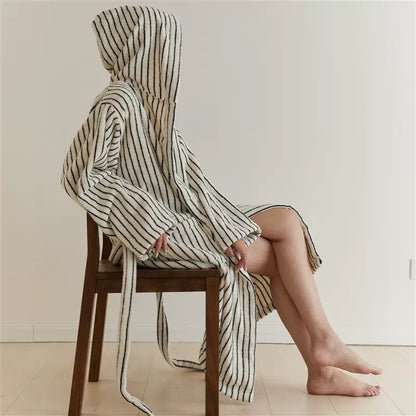 Minimal Black & White Striped Cotton Bathrobe – Hooded Terry Robe with Belt & Pockets