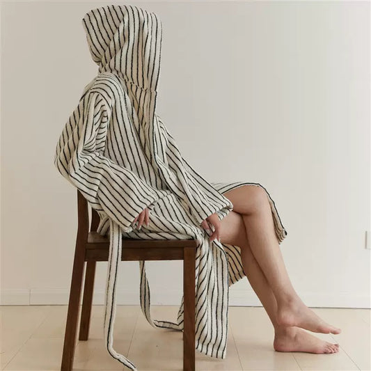 Minimal Black & White Striped Cotton Bathrobe – Hooded Terry Robe with Belt & Pockets
