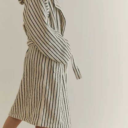 Minimal Black & White Striped Cotton Bathrobe – Hooded Terry Robe with Belt & Pockets