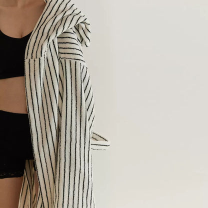 Minimal Black & White Striped Cotton Bathrobe – Hooded Terry Robe with Belt & Pockets