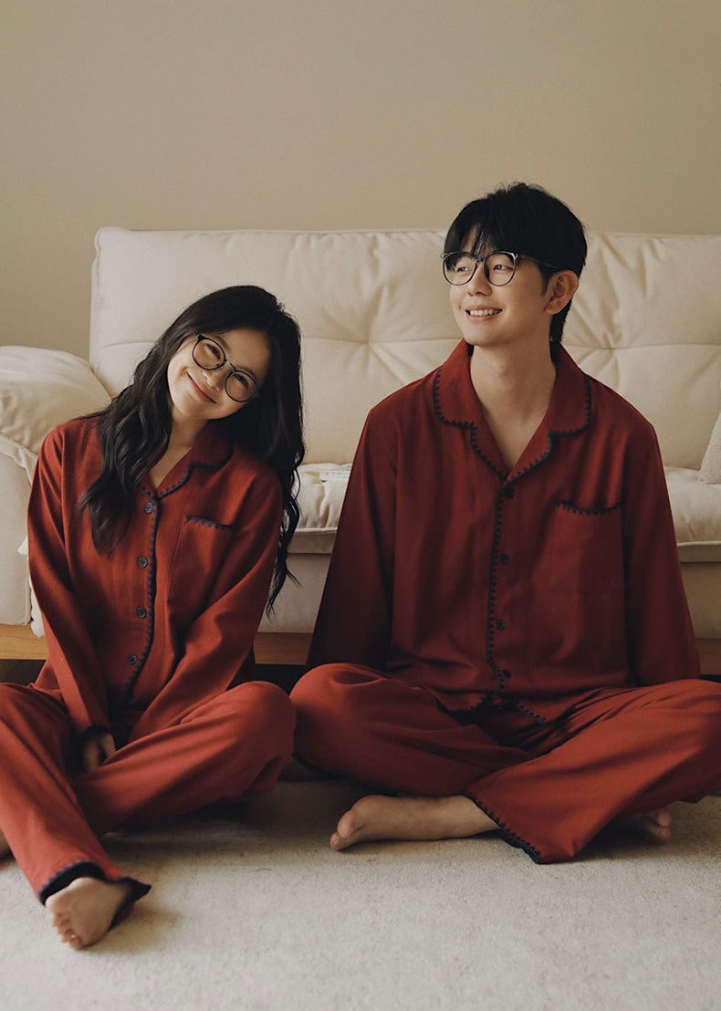 Burgundy Red Brushed Cotton Pajama Set for Couples