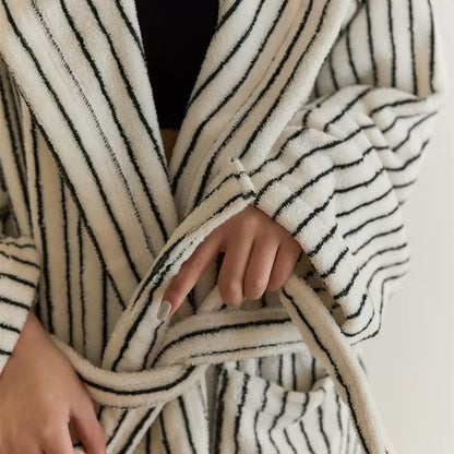Minimal Black & White Striped Cotton Bathrobe – Hooded Terry Robe with Belt & Pockets