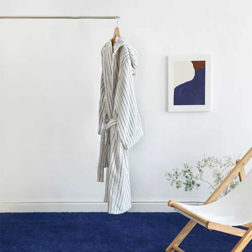 Minimal Black & White Striped Cotton Bathrobe – Hooded Terry Robe with Belt & Pockets