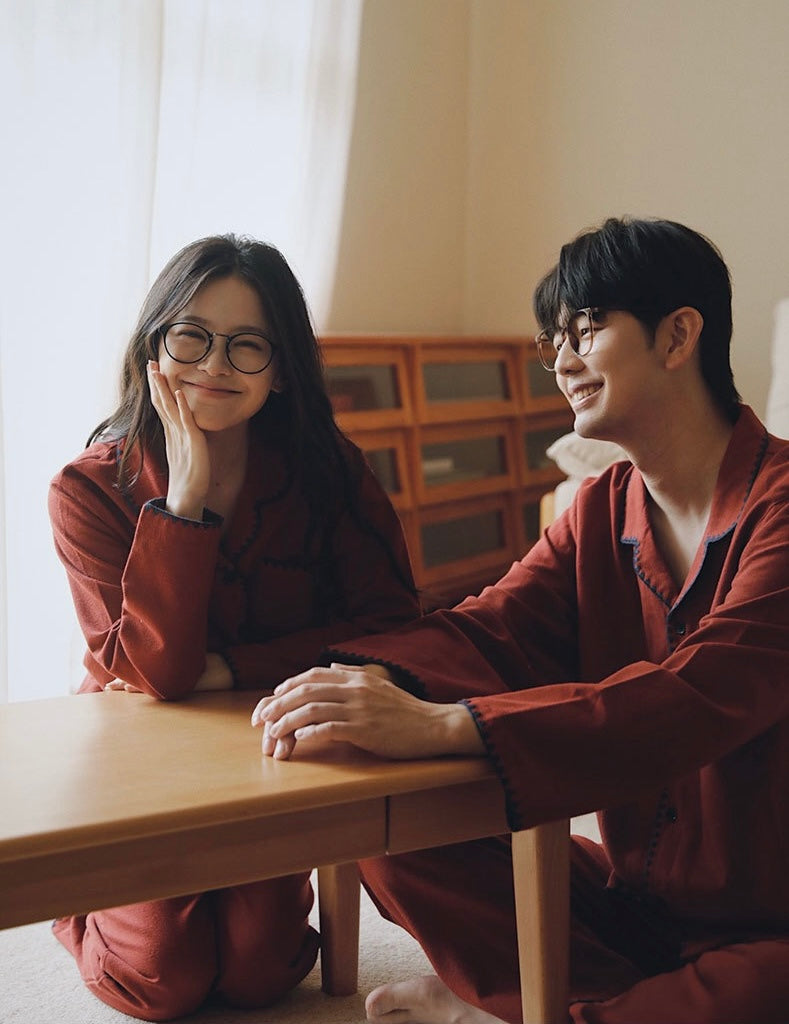 Burgundy Red Brushed Cotton Pajama Set for Couples