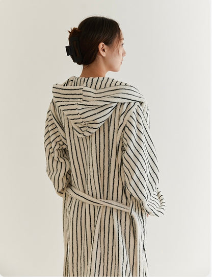 Minimal Black & White Striped Cotton Bathrobe – Hooded Terry Robe with Belt & Pockets