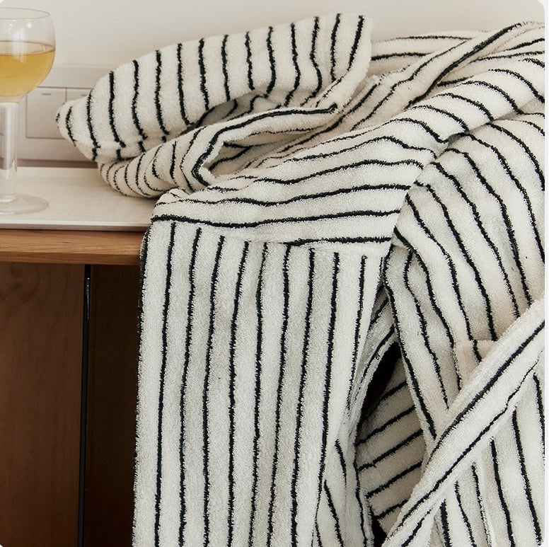 Minimal Black & White Striped Cotton Bathrobe – Hooded Terry Robe with Belt & Pockets