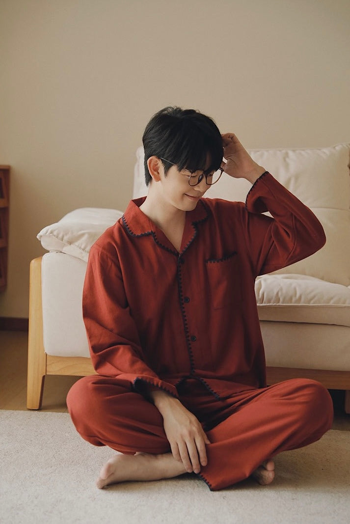 Burgundy Red Brushed Cotton Pajama Set for Couples