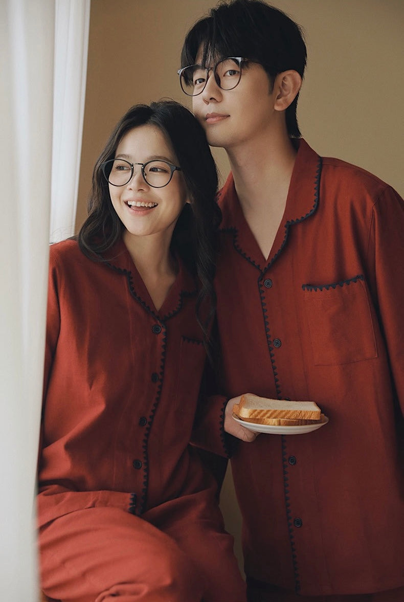 Burgundy Red Brushed Cotton Pajama Set for Couples