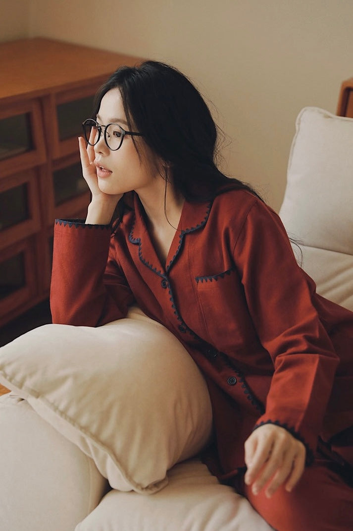 Burgundy Red Brushed Cotton Pajama Set for Couples