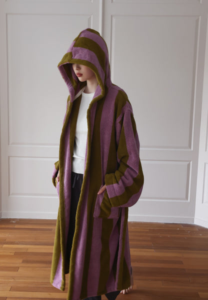 Oversized Hooded Terry Bathrobe – Purple & Olive Striped Long Robe with Belt