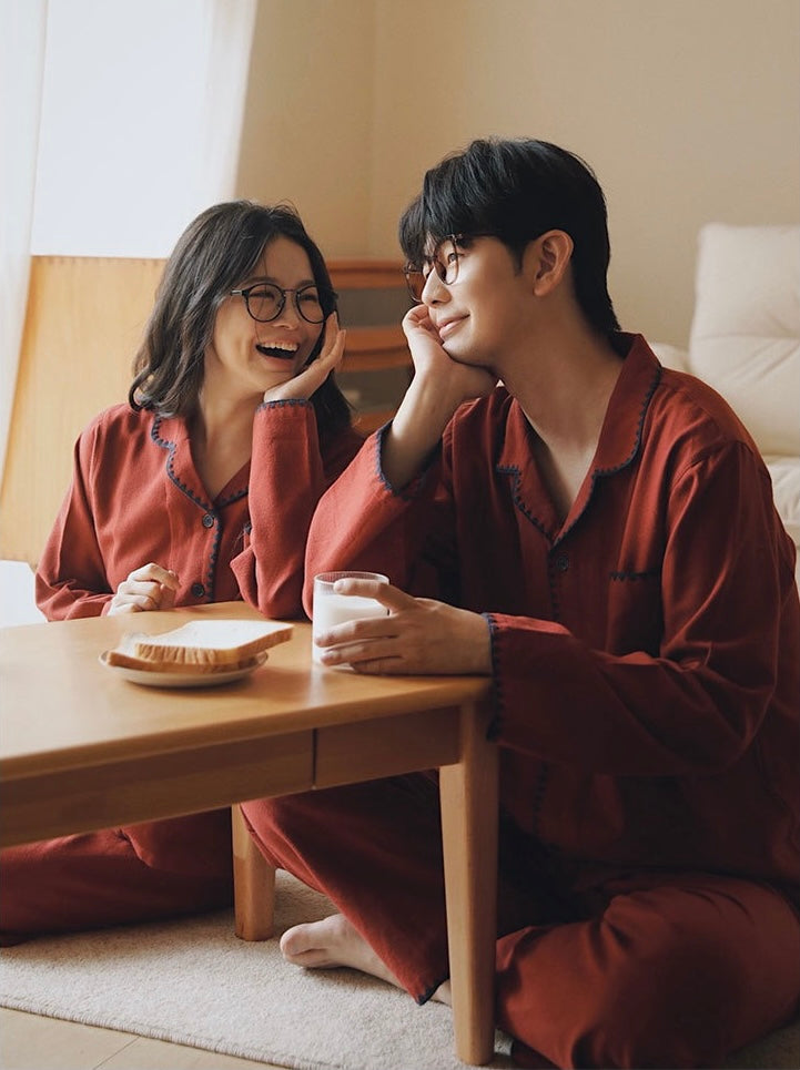 Burgundy Red Brushed Cotton Pajama Set for Couples