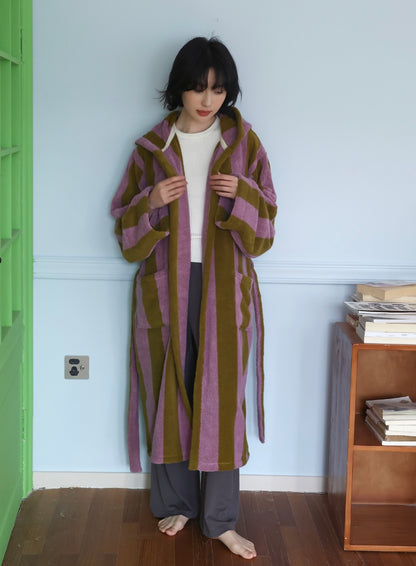 Oversized Hooded Terry Bathrobe – Purple & Olive Striped Long Robe with Belt