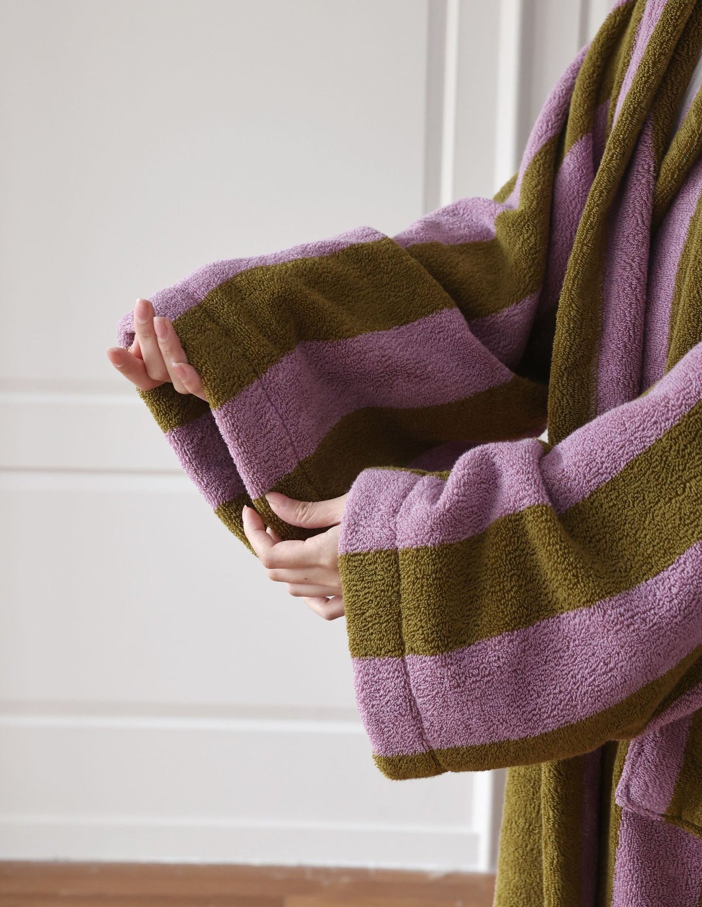Oversized Hooded Terry Bathrobe – Purple & Olive Striped Long Robe with Belt