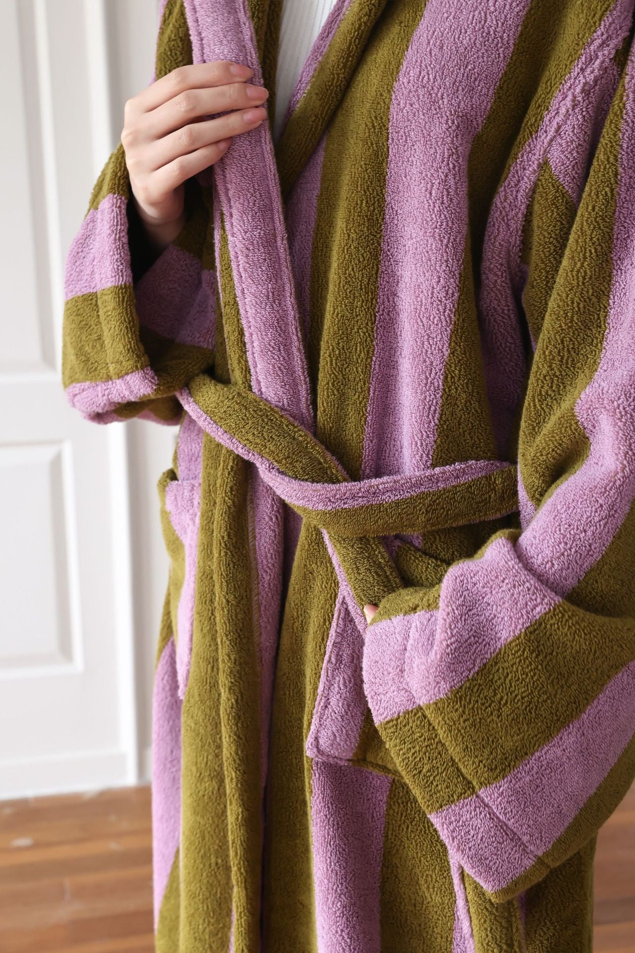 Oversized Hooded Terry Bathrobe – Purple & Olive Striped Long Robe with Belt