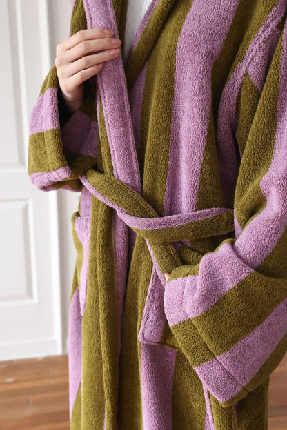 Oversized Hooded Terry Bathrobe – Purple & Olive Striped Long Robe with Belt