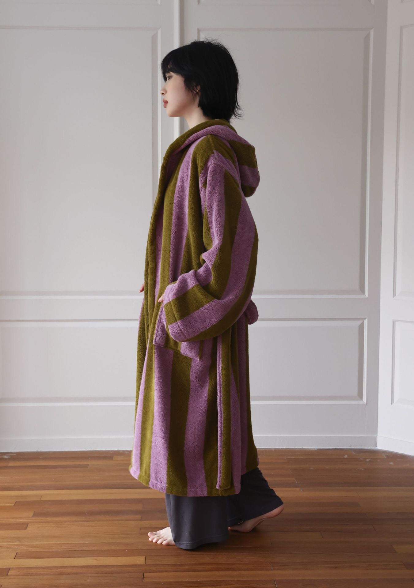 Oversized Hooded Terry Bathrobe – Purple & Olive Striped Long Robe with Belt