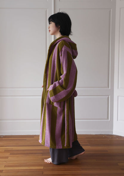 Oversized Hooded Terry Bathrobe – Purple & Olive Striped Long Robe with Belt