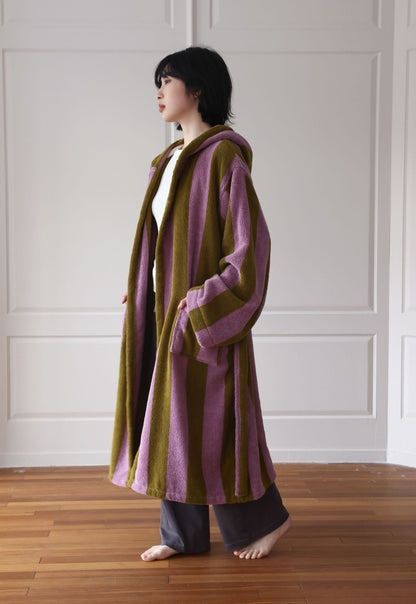 Oversized Hooded Terry Bathrobe – Purple & Olive Striped Long Robe with Belt