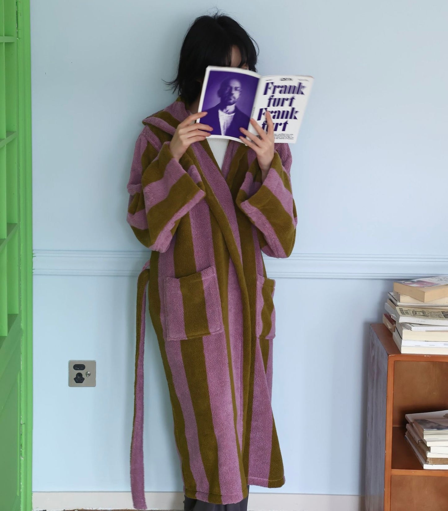 Oversized Hooded Terry Bathrobe – Purple & Olive Striped Long Robe with Belt