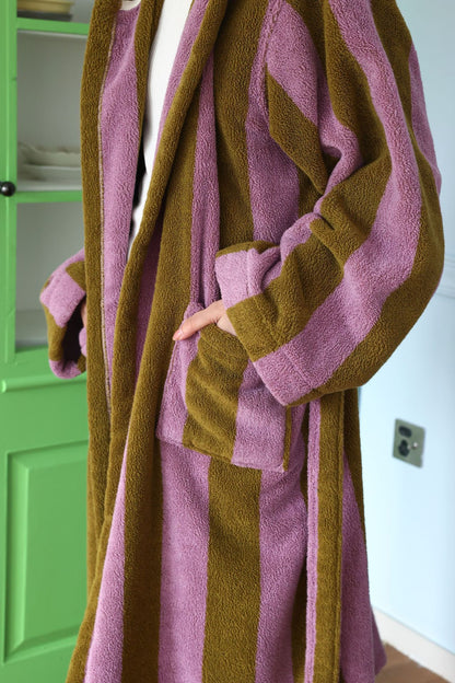 Oversized Hooded Terry Bathrobe – Purple & Olive Striped Long Robe with Belt