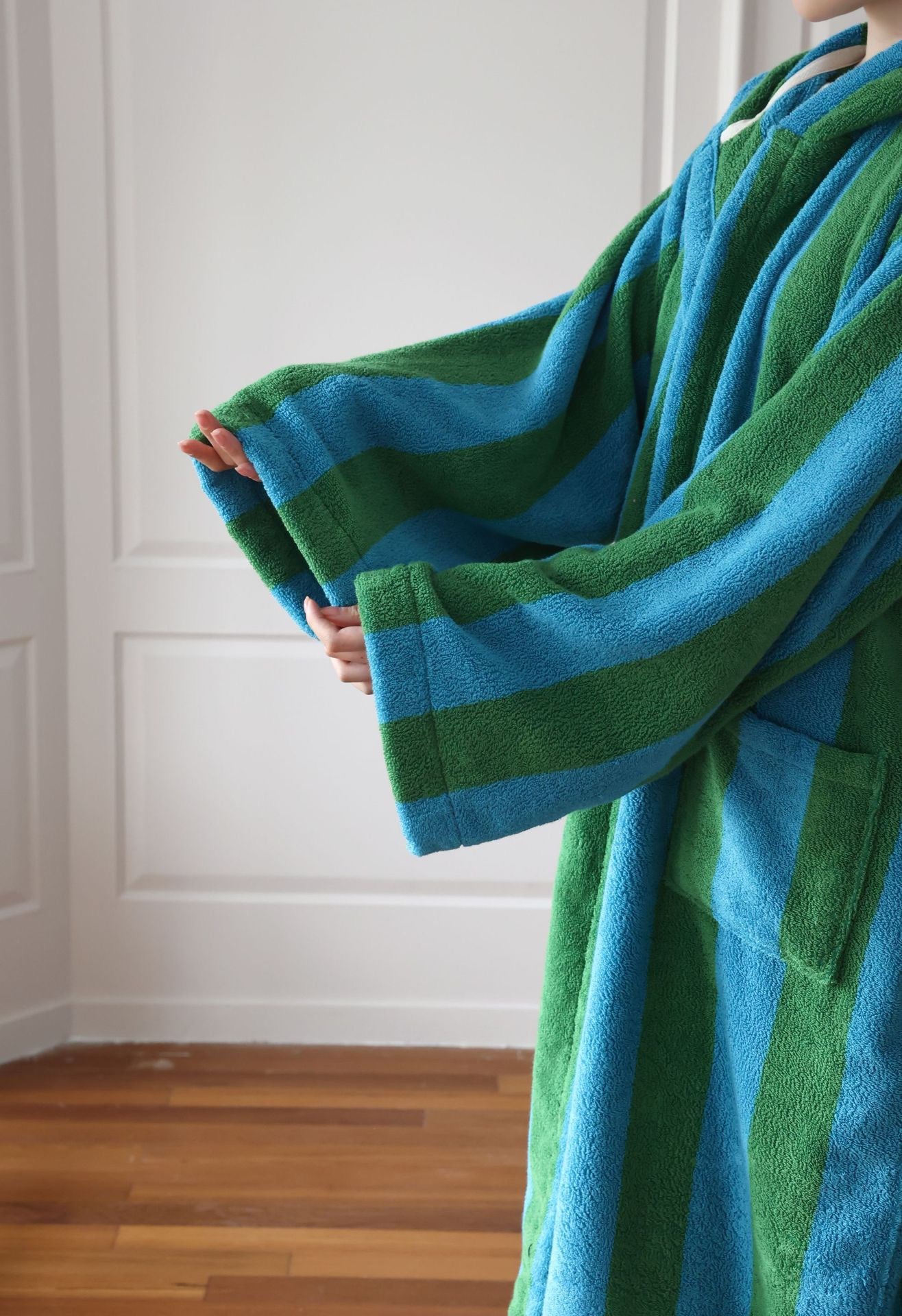 Oversized Hooded Terry Bathrobe – Blue & Green Striped Long Robe with Belt