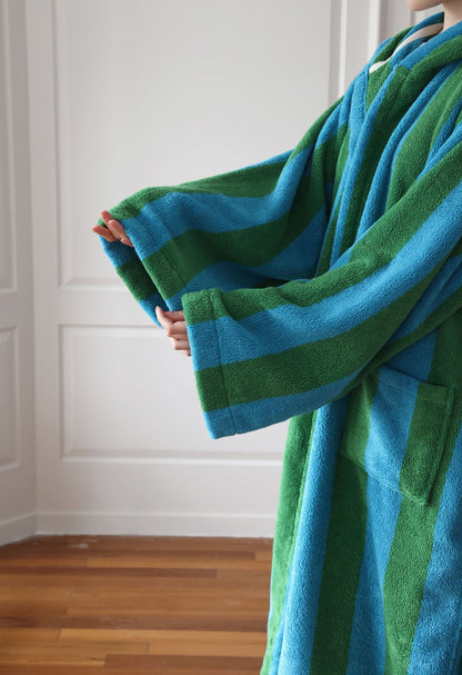 Oversized Hooded Terry Bathrobe – Blue & Green Striped Long Robe with Belt