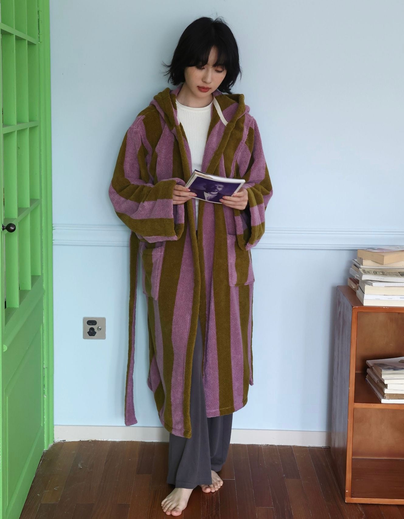 Oversized Hooded Terry Bathrobe – Purple & Olive Striped Long Robe with Belt