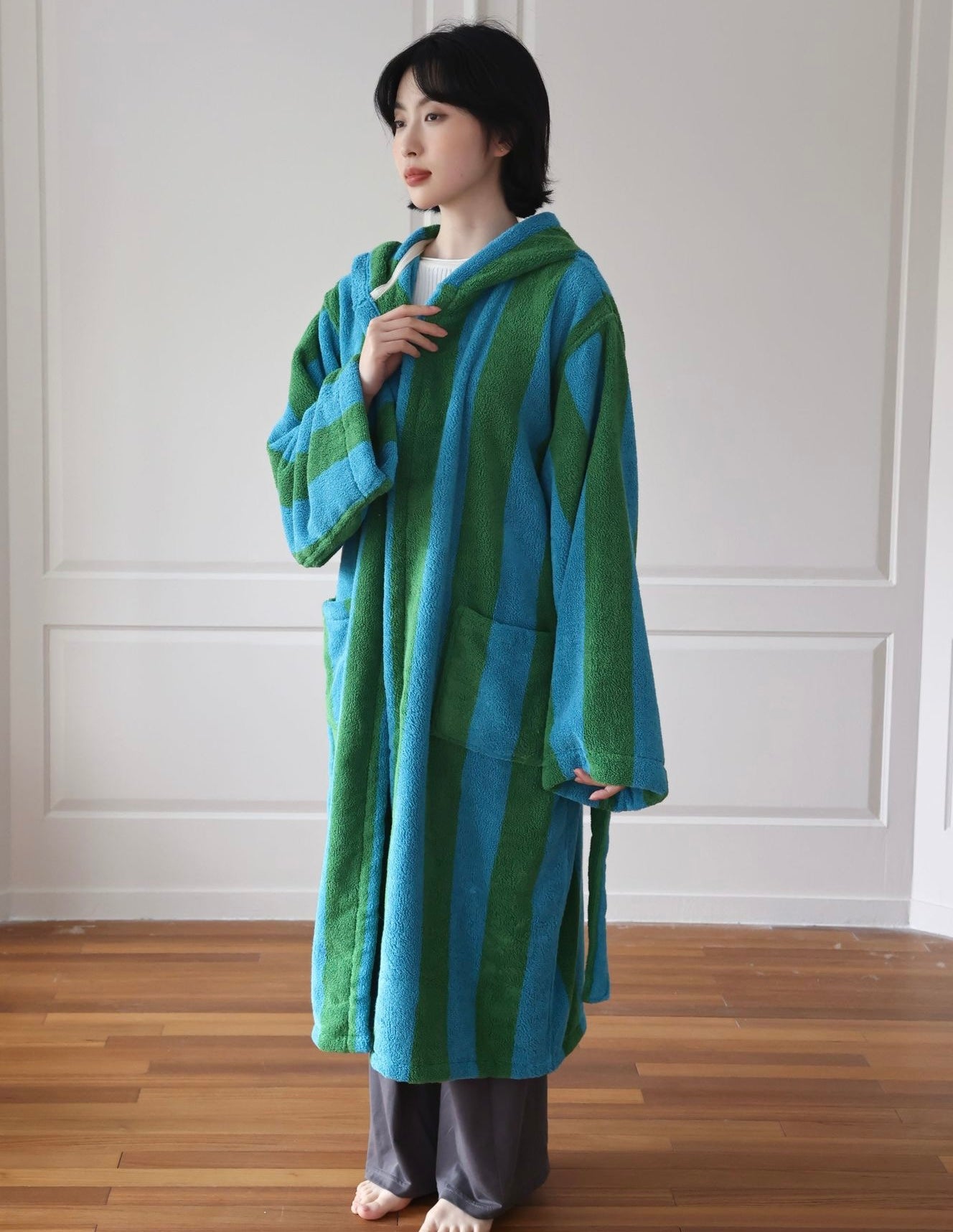 Oversized Hooded Terry Bathrobe – Blue & Green Striped Long Robe with Belt