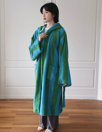 Oversized Hooded Terry Bathrobe – Blue & Green Striped Long Robe with Belt