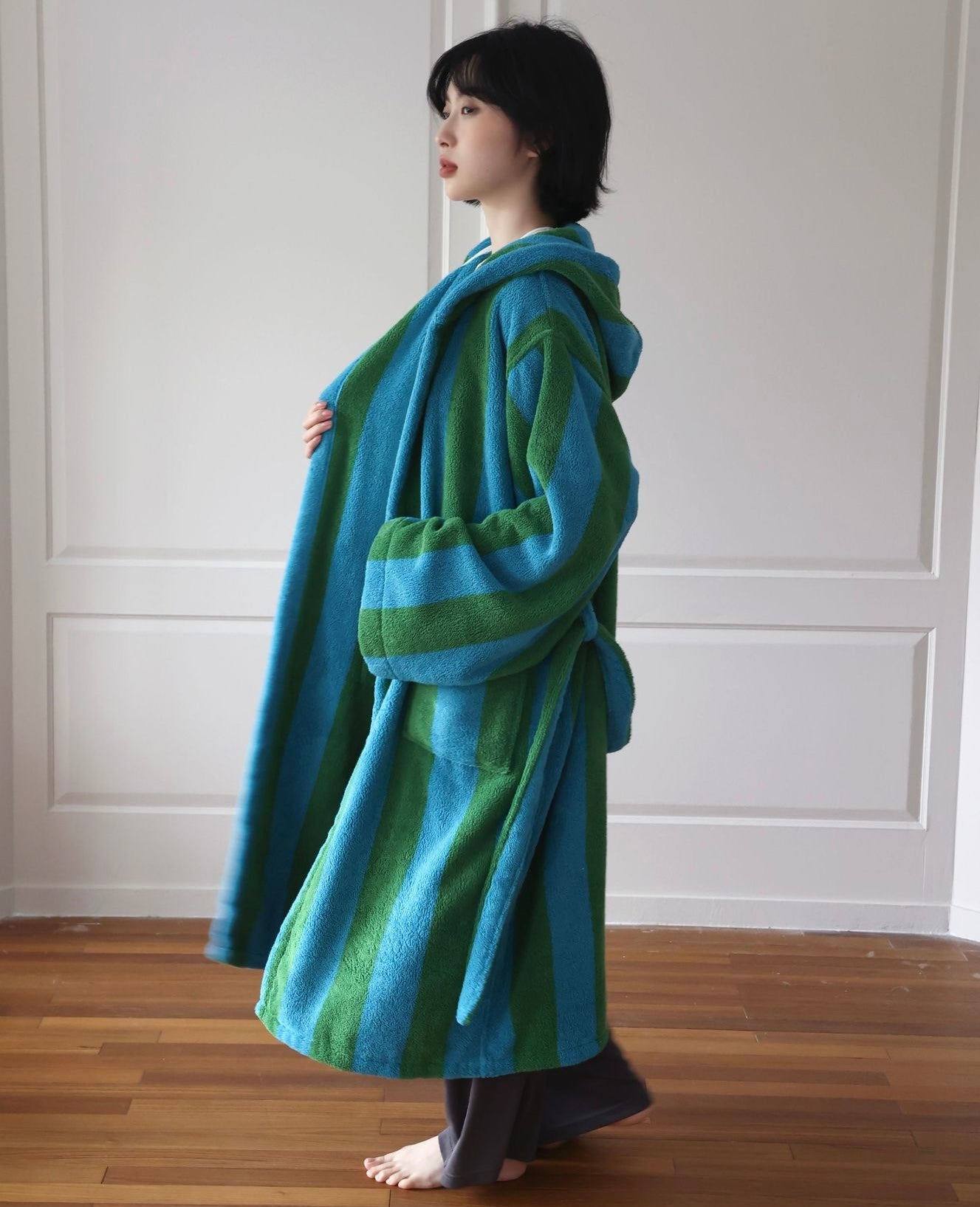 Oversized Hooded Terry Bathrobe – Blue & Green Striped Long Robe with Belt