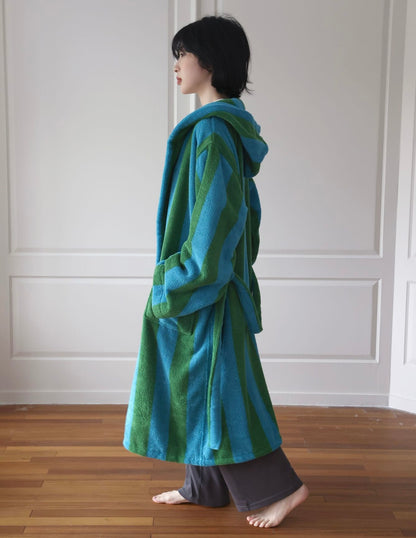 Oversized Hooded Terry Bathrobe – Blue & Green Striped Long Robe with Belt