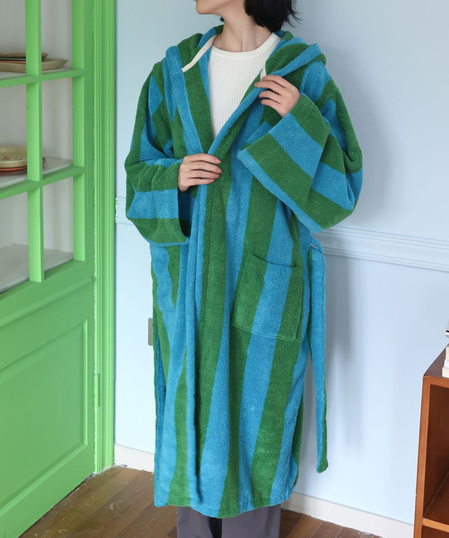 Oversized Hooded Terry Bathrobe – Blue & Green Striped Long Robe with Belt
