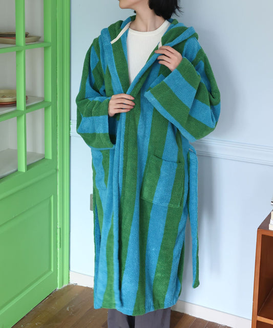 Oversized Hooded Terry Bathrobe – Blue & Green Striped Long Robe with Belt