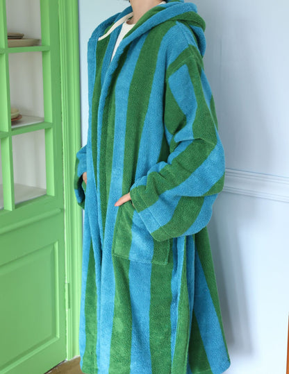 Oversized Hooded Terry Bathrobe – Blue & Green Striped Long Robe with Belt