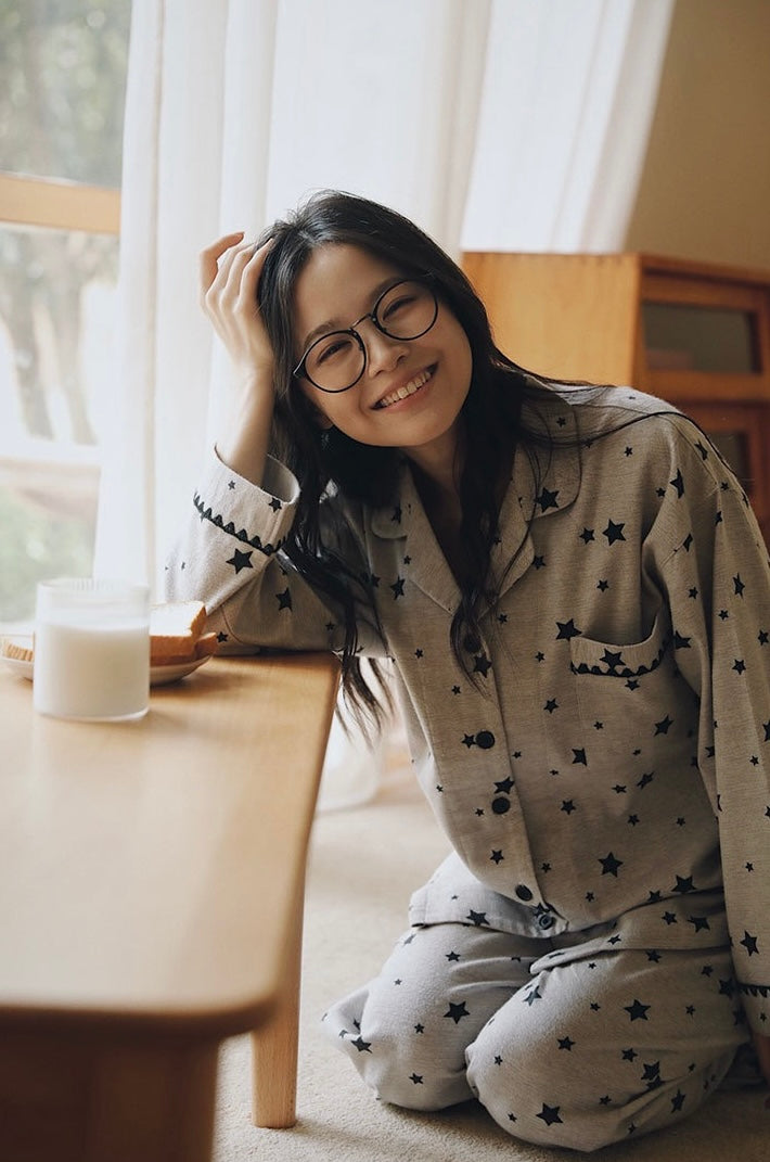 Pink Gray Star Brushed Cotton Pajama Set for Couples - view 8