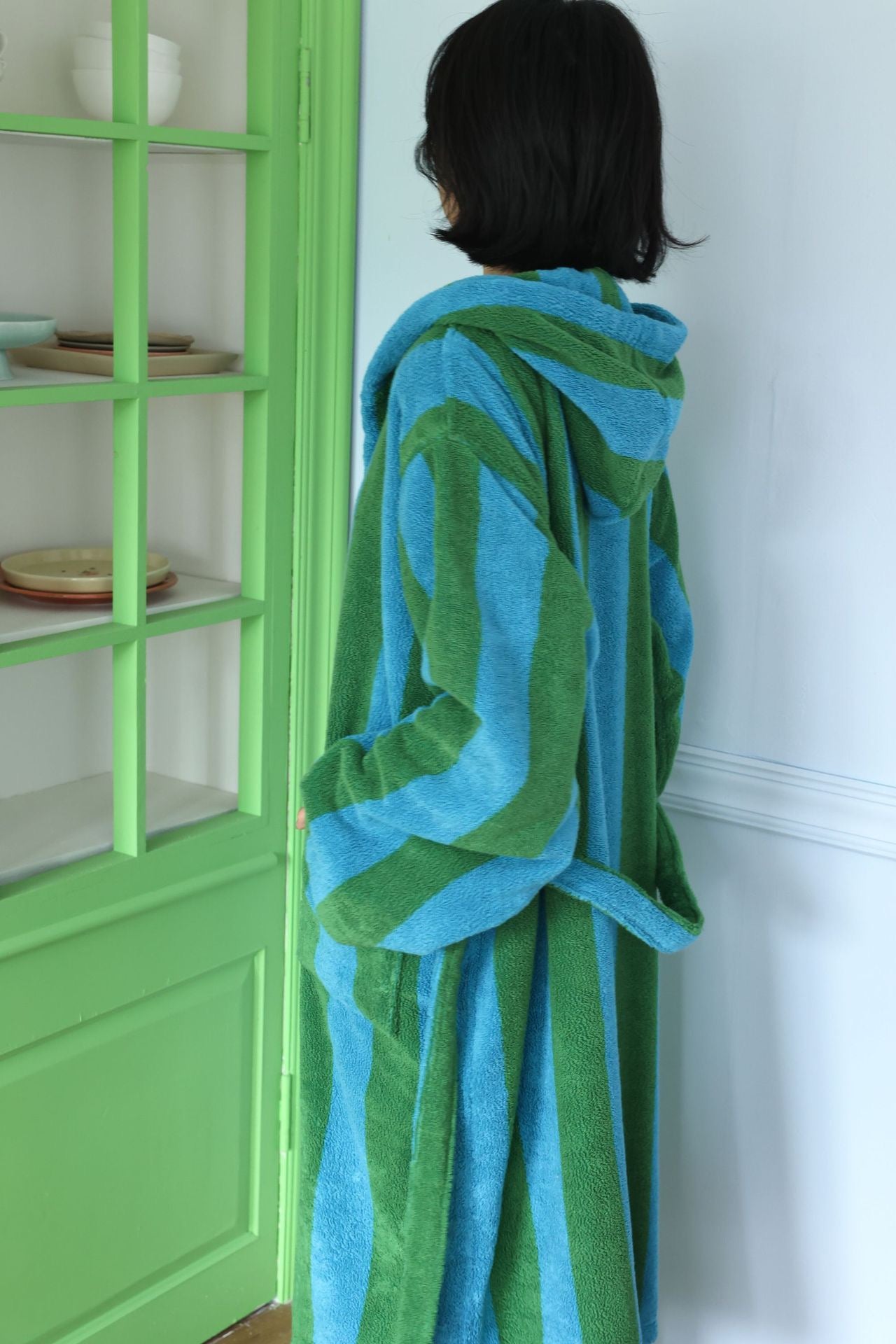 Oversized Hooded Terry Bathrobe – Blue & Green Striped Long Robe with Belt