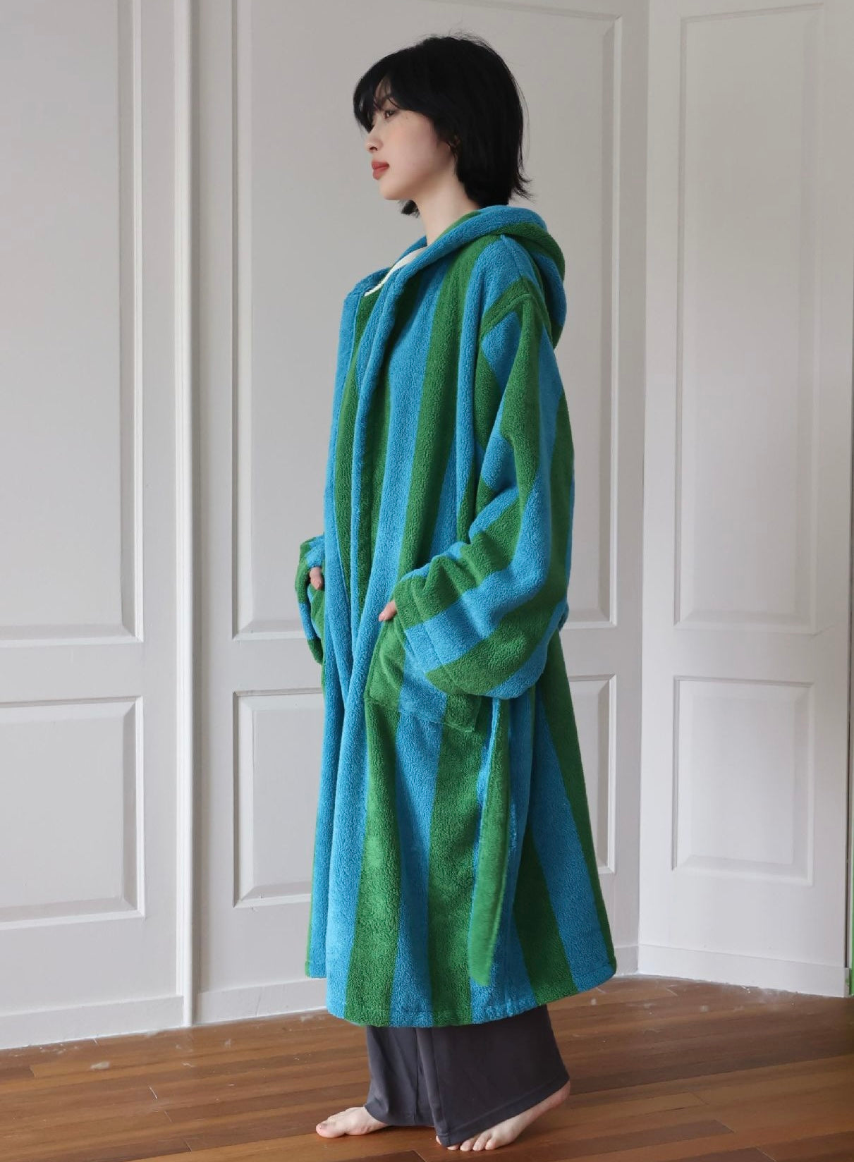 Oversized Hooded Terry Bathrobe – Blue & Green Striped Long Robe with Belt
