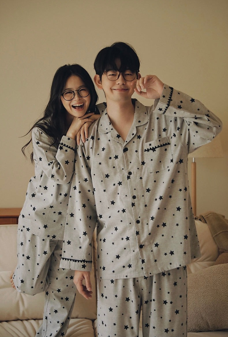 Pink Gray Star Brushed Cotton Pajama Set for Couples - view 5