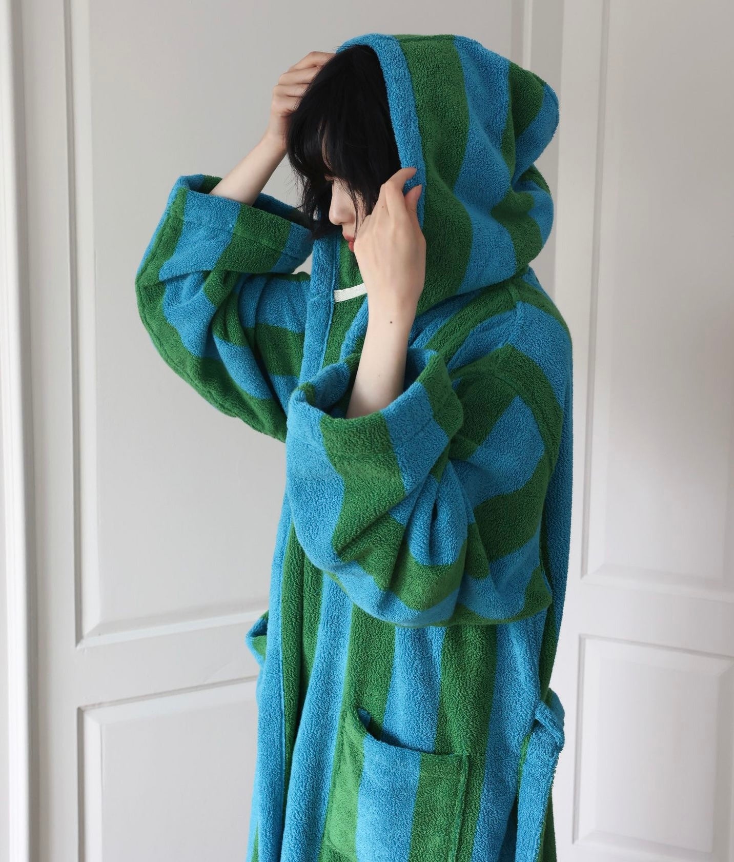 Oversized Hooded Terry Bathrobe – Blue & Green Striped Long Robe with Belt